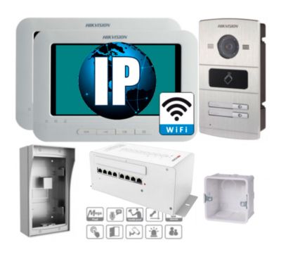 IP комплект 2 WiFi видеодомофона DS-KH6310-W + двухабонентская DS-KV8202-IM + PoE 
